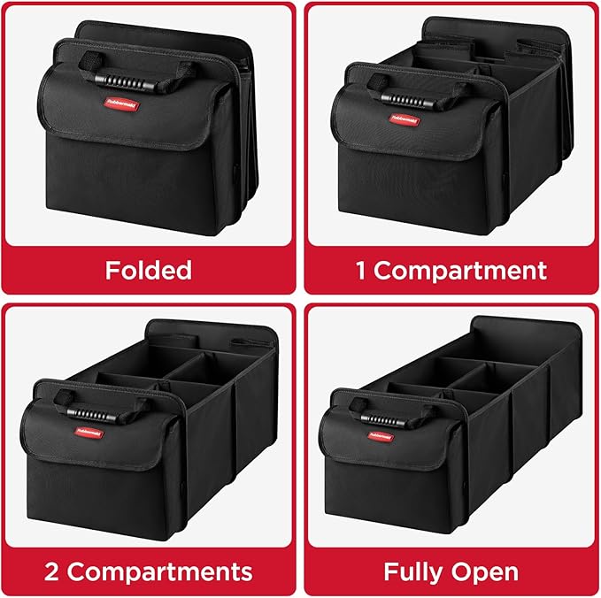 Rubbermaid Car Organizer, Collapsible Trunk Organizer with Lid & Removable Leakproof Cooler Bag, Multi-Compartment Car Storage Organization for Car Accessories, 5 Compartments Without Cover,