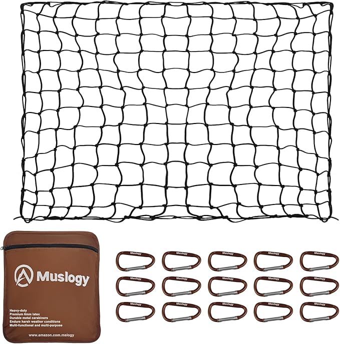 Muslogy Cargo Net Compatible with Pickup Truck Bed Organizer Divider Stretchable 4'x6' to 8'x12' High Elastic Trailer Accessories Storage Bungee Mesh with 14 Metal Carabiners (Upgraded 6mm Latex)