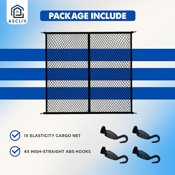 Truck Bed Cargo Net for Pickup Truck, 48”x 48” Stretchable Bungee Net with Adjustable Metal Hooks, Elastic Storage Organizer Net, for Car, SUVs, and Trucks