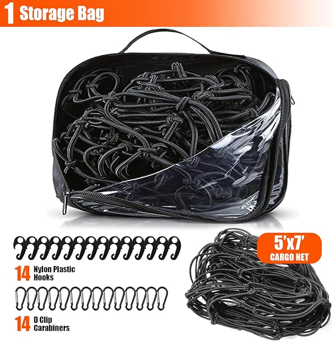5’ x 7'Cargo Net for Pickup Truck Bed Stretches to 10' x 14' Heavy-Duty, Mesh Square Latex Bungee Netting with 14 Metal Carabiners + 14 Hooks- Compatible with Ford, Dodge RAM, Chevy, Toyota