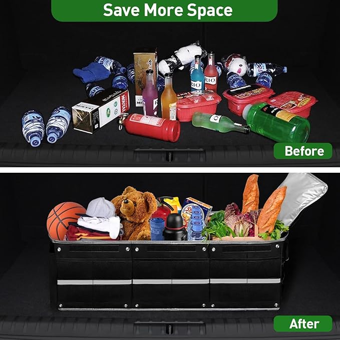 Car Trunk Organizer,115L Heavy Duty Collapsible Trunk Storage, with Insulated Leakproof Cooler Bag Vehicle Cargo Organizer with Lid, 3 Compartments, Straps For Car,Suv,Jeep,Sedan-Black