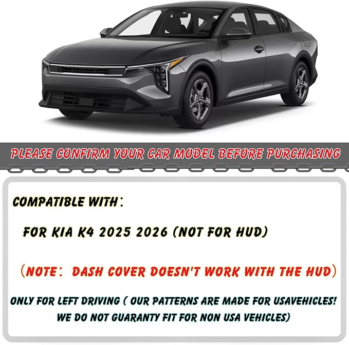 Non-Slip Dash Cover Dashboard Cover Mat Custom Fit Center Console Cover Sunshield Protector Pad Compatible with Kia K4 2025 2026 (Not for HUD) Accessories Pad (Black Trim)