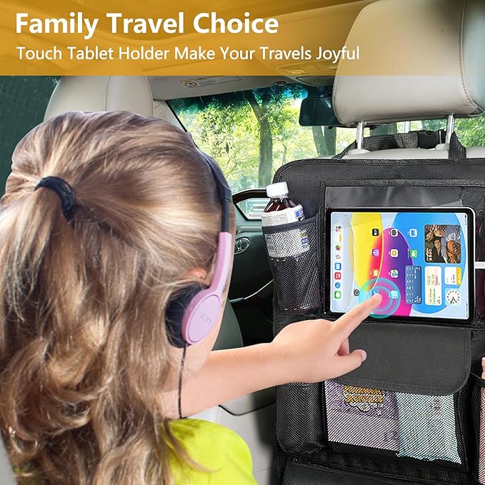 Car Seat Organizer with 13 in Tablet Holder, Waterproof Back Seat Protector, Kick Mats with 9 Storage Pockets, Interior and Travel Essentials, 2 Pack