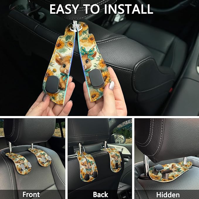 Blusabaca 2PCS Car Hooks for Purses Bags, Highland Cow Cattle Artwork Modern Seat Back Storage Headrest Holder Hanger PU Leather Double Metal Backseat Organizer, Women Car Accessories Organization