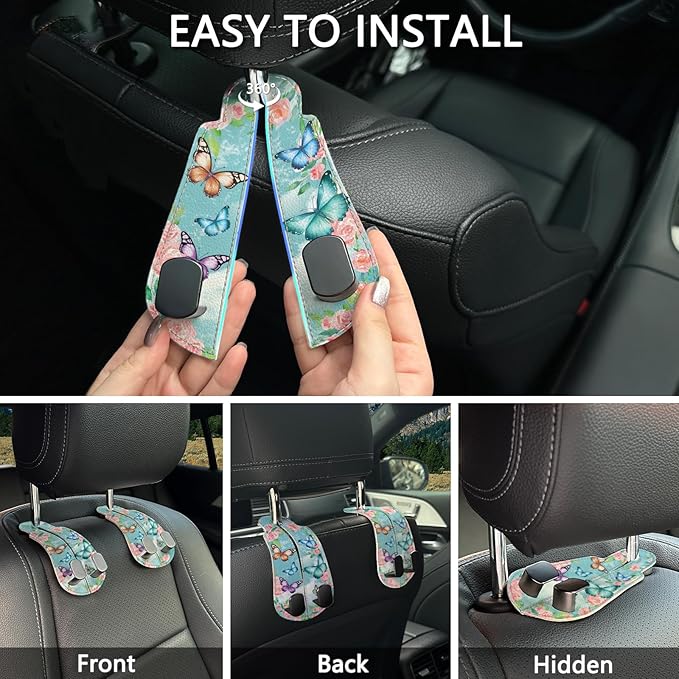 Blusabaca 2PCS Car Seat Back Storage Headrest Hooks, Butterfly Purse Holder Bags Hanger, PU Leather Double Metal Hook for Backseat Organizer, Women Car Accessories Organization