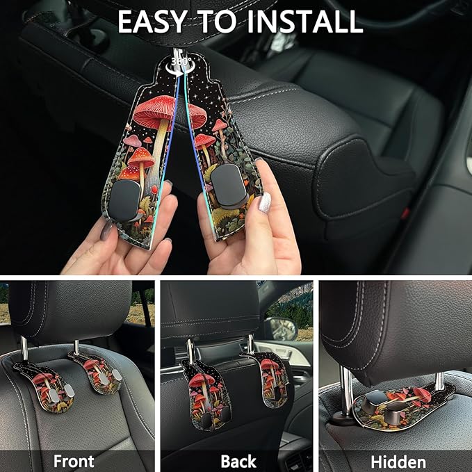 Blusabaca 2PCS Car Seat Back Storage Headrest Hooks, Mushroom Purse Holder Bags Hanger, PU Leather Double Metal Hook for Backseat Organizer, Women Car Accessories Organization