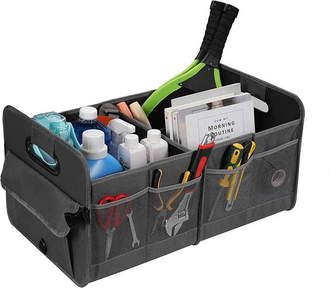 Car Trunk Organizer Car Storage Organizer Collapsible Multi Compartment Car Organizer Adjustable Straps Car Organizer for SUV(Gray)