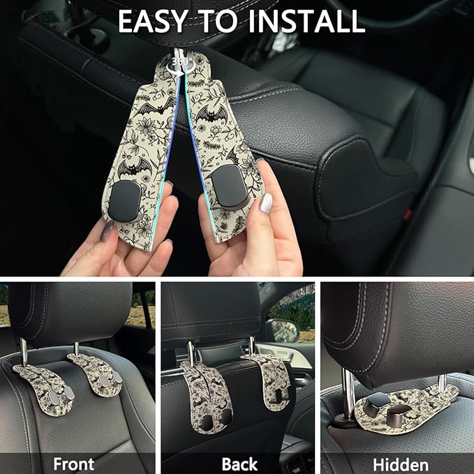 Blusabaca 2PCS Car Hooks for Purses and Bags, Goth Gothic Seat Back Storage Headrest Holder Hanger PU Leather Double Metal Hook for Backseat Organizer, Women Car Accessories Organization