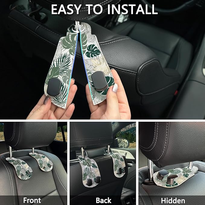 Blusabaca 2PCS Car Seat Back Storage Headrest Hooks, Tropical Leaf Purse Holder Bags Hanger, PU Leather Double Metal Hook for Backseat Organizer, Women Car Accessories Organization