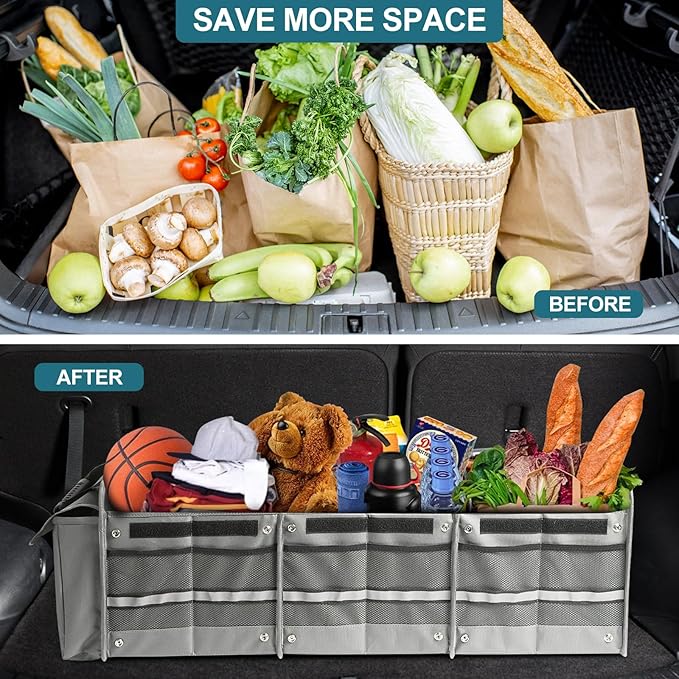 Car Trunk Organizer,115L Heavy Duty Collapsible Trunk Storage, with Insulated Leakproof Cooler Bag Vehicle Cargo Organizer with Lid, 3 Compartments, Straps For Car,Suv,Jeep,Sedan-Grey