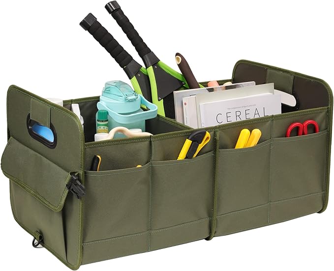 Car Trunk Organizer, Green, Foldable, Non-slip, Adjustable, Multiple Compartments, 600D Oxford Cloth Material