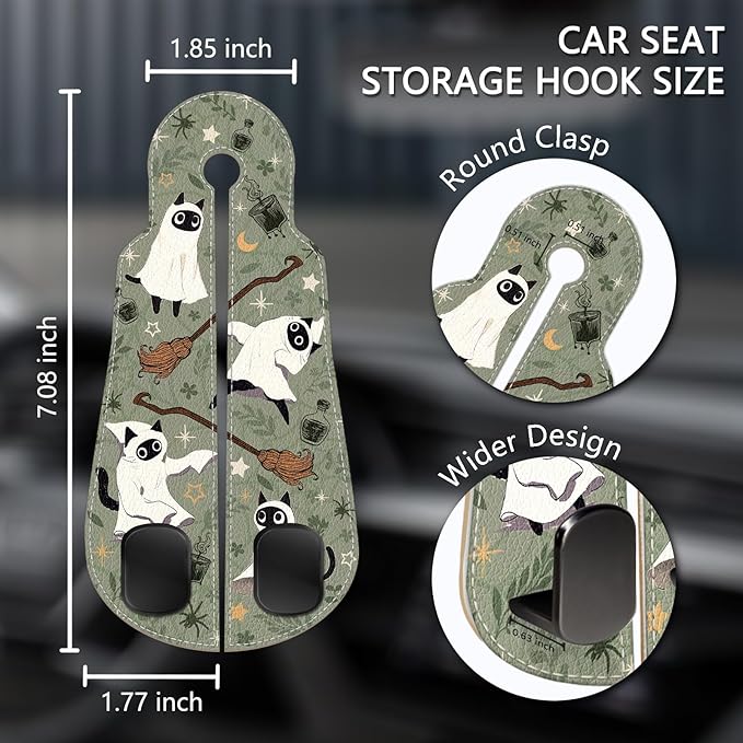 Blusabaca 2PCS Car Hooks for Purses Bags, Halloween Spooky Cute Cat Witch Magic Seat Back Storage Headrest Holder Hanger PU Leather Double Metal Backseat Organizer, Women Car Accessories Organization