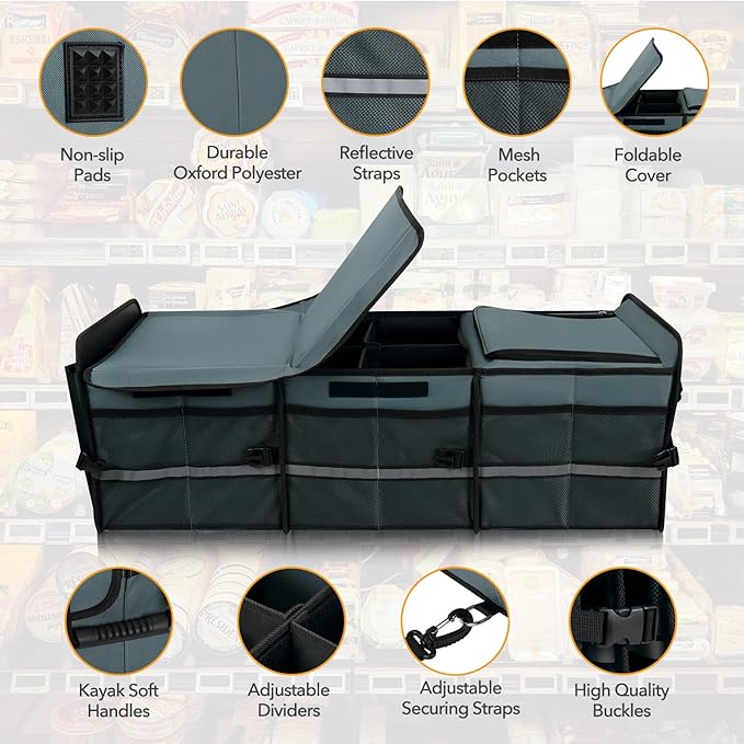 HEYTRIP Large Trunk Organizer With Built-in Leakproof Cooler Bag, 2 Tie-Down Straps, 4 Removable Dividers, Foldable Cover, Built with 2mm PE Board, Gray