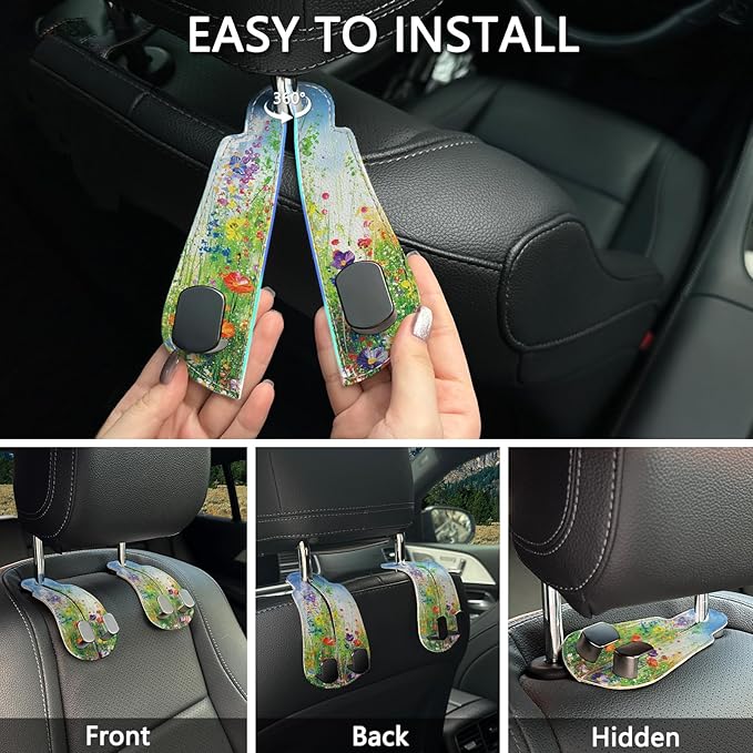 Blusabaca 2PCS Car Seat Back Storage Headrest Hooks, Floral Spring Purse Holder Bags Hanger, PU Leather Double Metal Hook for Backseat Organizer, Women Car Accessories Organization