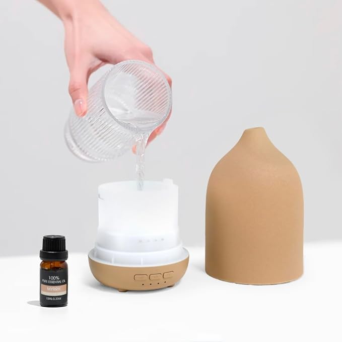 Essential Oil Diffusers, Aromatherapy Diffuser for Essential Oils, 100ml Ceramic Oil Diffusers for Large Room - 5 Timers, Warm Ambient Light, Auto-Off