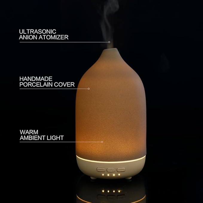 Essential Oil Diffusers, Aromatherapy Diffuser for Essential Oils, 100ml Ceramic Oil Diffusers for Large Room - 5 Timers, Warm Ambient Light, Auto-Off