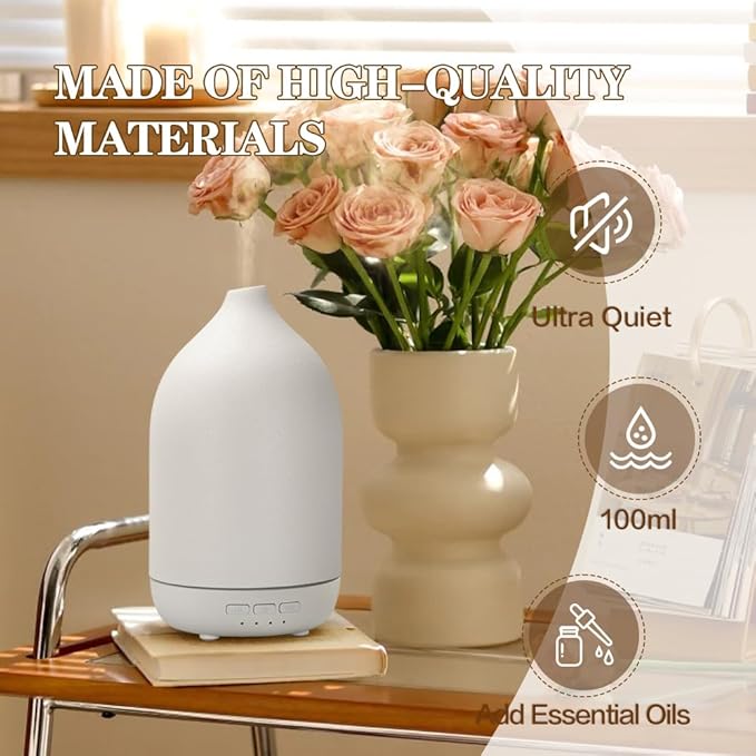 Essential Oil Diffusers, Aromatherapy Diffuser for Essential Oils, 100ml Ceramic Oil Diffusers for Large Room - 5 Timers, Warm Ambient Light, Auto-Off