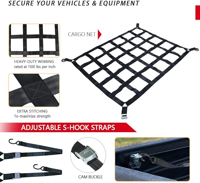 Surmountway Cargo Net for Pickup Truck Bed(82" x 50"), Truck Bed Cargo Net with Capacity 1100LBS, Heavy Duty Cargo Nets with Adjustable Cam Buckles & S-Hooks, Truck Cargo Net for Trailer Trucks