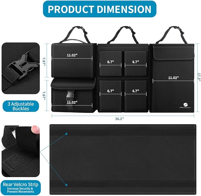 Hanging Car Trunk Organizer with Cooler, Large Pockets, Zippers Detachable Seat Back Waterproof Car Storage Trunk Organizer for Jeeps, SUVs, Black