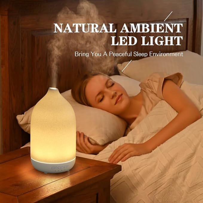Essential Oil Diffusers, Aromatherapy Diffuser for Essential Oils, 100ml Ceramic Oil Diffusers for Large Room - 5 Timers, Warm Ambient Light, Auto-Off