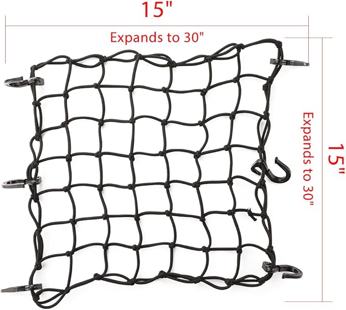 CZC AUTO 15"x15" Black Latex Bungee Cargo Net Strech to 30"x30", Gear Helmet Luggage Netting with 2"X2" Small Mesh and 6 Adjustable Plastic Hooks for Motorcycle Bike Paddleboard Quad Canoe Moped ATV