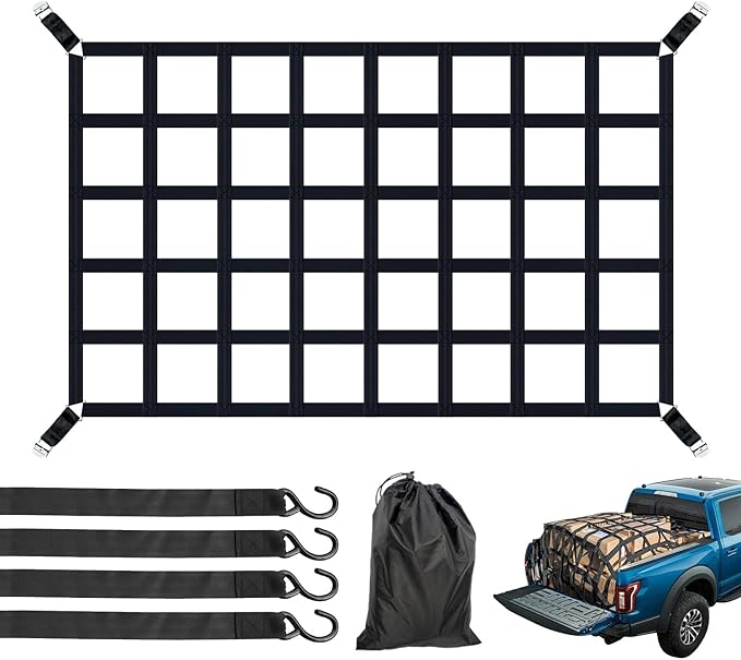 Cargo Net for Pickup Truck Bed, Heavy Duty 1100LBS Capacity, Adjustable Cam Buckles & S-Hooks, Thick Herringbone Nylon Mesh with Drawstring Storage Bag for Trailers and Trucks
