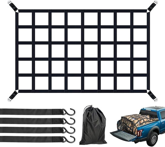 Cargo Net for Pickup Truck Bed, Heavy Duty 1100LBS Capacity, Adjustable Cam Buckles & S-Hooks, Thick Herringbone Nylon Mesh with Drawstring Storage Bag for Trailers and Trucks