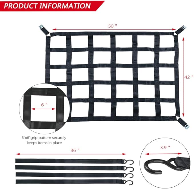 Surmountway Cargo Net for Pickup Truck Bed(42" x 50"), Truck Bed Cargo Net with Capacity 1100LBS, Heavy Duty Cargo Nets with Adjustable Cam Buckles & S-Hooks, Truck Cargo Net for Trailer Trucks