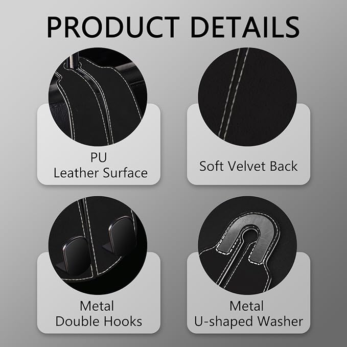 Blusabaca 2PCS Car Seat Back Storage Headrest Hooks, Black Purse Holder Bags Hanger, Double Metal Hook for Backseat Organizer, Women Car Accessories Organization