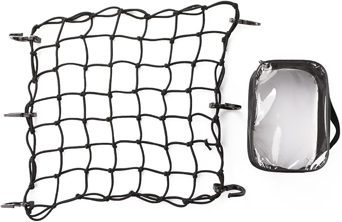 CZC AUTO 15"x15" Black Latex Bungee Cargo Net Strech to 30"x30", Gear Helmet Luggage Netting with 2"X2" Small Mesh and 6 Adjustable Plastic Hooks for Motorcycle Bike Paddleboard Quad Canoe Moped ATV