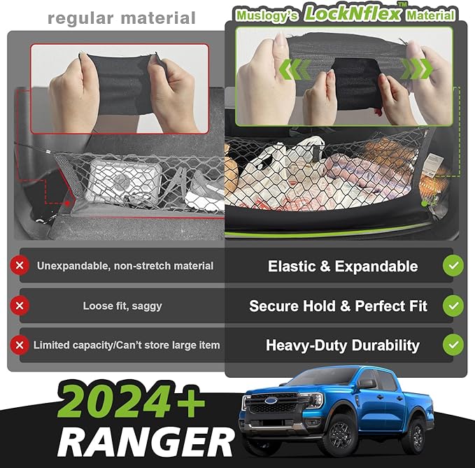 Muslogy Truck Bed Cargo Net Compatible with Ford Ranger 2024 2025 Accessories Storage Organizer Pickup Truck Bed Envelope Style Cargo Net with Heavy Duty Carabiners
