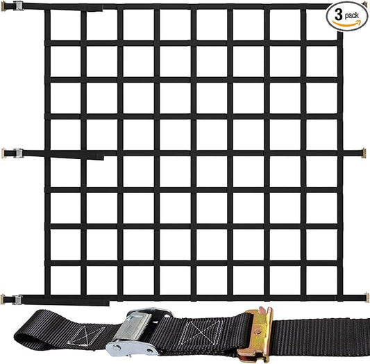 US Cargo Control E Track Cargo Nets for Trailers 82" x 82" (3-Pack), Adjustable Heavy Duty Cargo Net with Cambuckles for E-Track and X-Track Systems, 8" x 8" Holes, Use in Trailers and Box Trucks