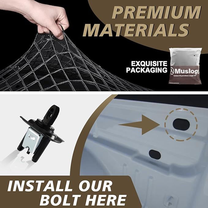 Muslogy Truck Bed Cargo Net Compatible with 2015-2022 Chevy Colorado & GMC Canyon Accessories Storage Organizer Pickup Truck Bed Envelope Style Net with Heavy Duty Carabiners & Tie Down Anchor Set