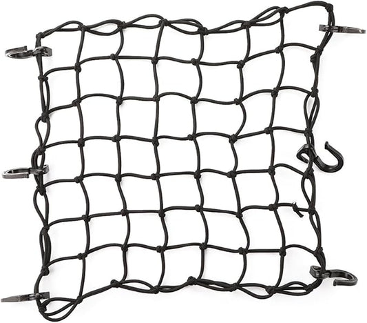 CZC AUTO 15"x15" Black Latex Bungee Cargo Net Strech to 30"x30", Gear Helmet Luggage Netting with 2"X2" Small Mesh and 6 Adjustable Plastic Hooks for Motorcycle Bike Paddleboard Quad Canoe Moped ATV