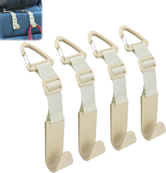 Amooca Headrest Hooks for Car Adjustable 4 Pack Vehicle Seat Back Organizer Storage Hanger Holder for Purse Bags Universal Fit with Clip Beige