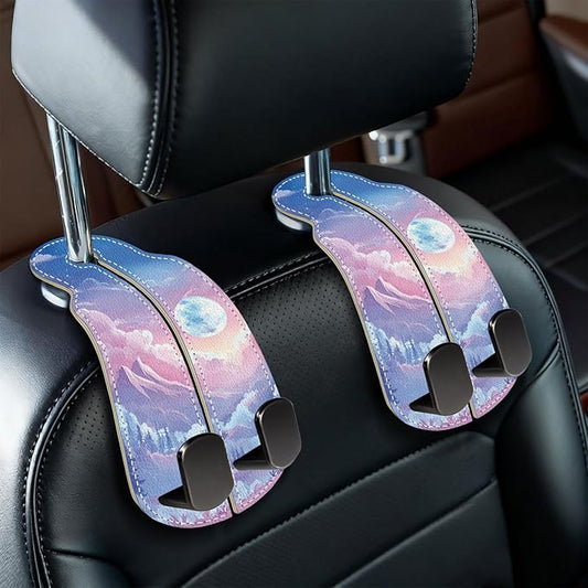 Blusabaca 2PCS Car Hooks for Purses Bags, Cute Midnight Moon Sky Clouds Seat Back Storage Headrest Holder Hanger PU Leather Double Metal Hook Backseat Organizer, Women Car Accessories Organization