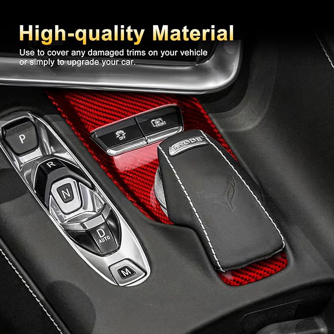 Carbon Fiber, Car Gear Shift Knob Button Panel Cover, for C8 Center Console Panel Cover Decoration for Chevrolet Corvette C8 2020 2021 2022 2023, Red
