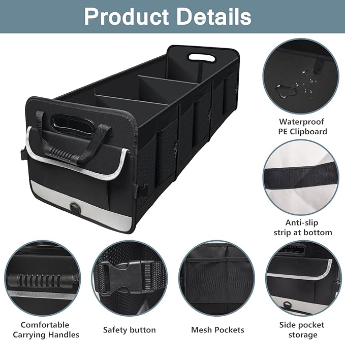 Car Trunk Organizer,Heavy Duty Collapsible 95 L Capacity Car Trunk Storage Organizer,Multi-Compartment Pockets, Adjustable Straps - Ideal for Travel, Camping, Shopping,Perfect for SUV, Truck, Sedan