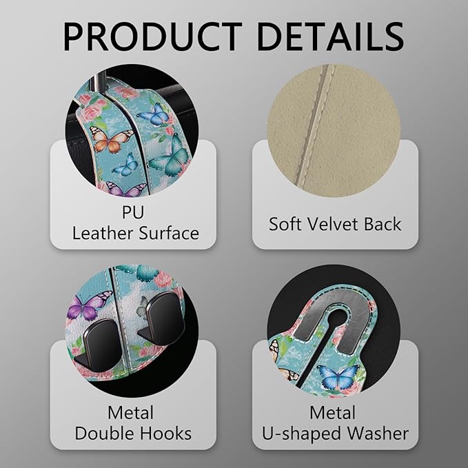 Blusabaca 2PCS Car Seat Back Storage Headrest Hooks, Butterfly Purse Holder Bags Hanger, PU Leather Double Metal Hook for Backseat Organizer, Women Car Accessories Organization