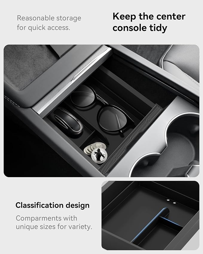 2025 Upgrade Center Console Organizer Tray for Tesla Model 3 Highland Accessories 2024 2026, Divided Storage Double Layer Space Slide smoothly - 4 PCS, Black