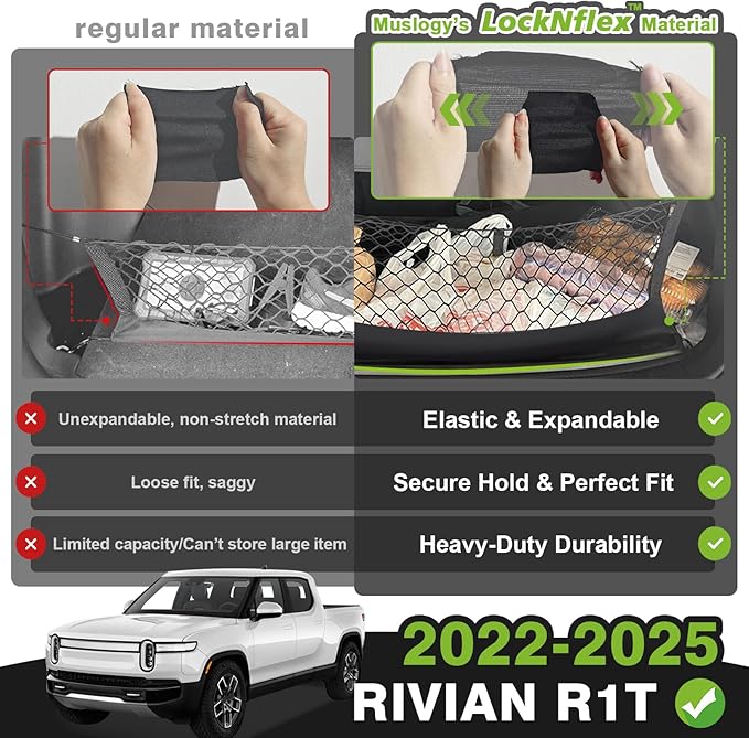 Muslogy Truck Bed Cargo Net Compatible with Rivian R1T 2022-2024 2025 Accessories Storage Organizer Pickup Front Truck Bed Envelope Style Cargo Net