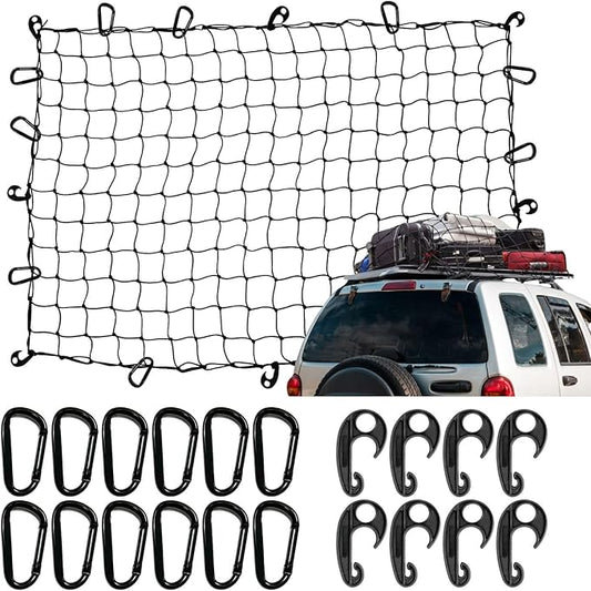 4'x6' Pickup Truck Bed Cargo Net, Heavy Duty Bungee Cargo Net Stretches to 10' x 15' Roof Rack Net with 4"x4" Mesh Grid and 12 Metal Carabiners