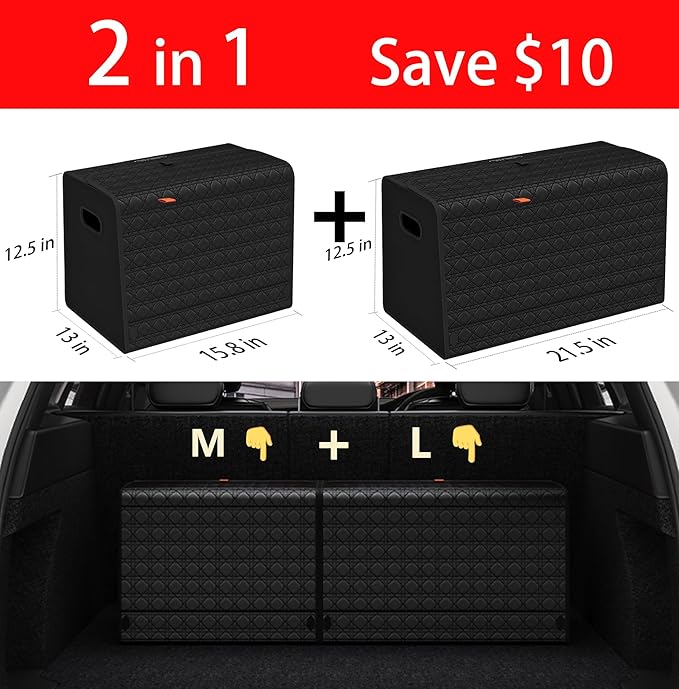 Trunk Organizers, Car Organizers, Storage Solutions, and Car Storage Organizers for SUVs, Sedans, Back Seats, and Luxury Vehicles with Lid, Leather, Small, Large (Black, L&M)