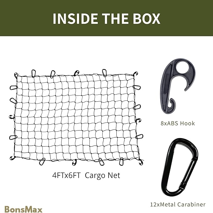 4'x6' Pickup Truck Bed Cargo Net, Heavy Duty Bungee Cargo Net Stretches to 10' x 15' Roof Rack Net with 4"x4" Mesh Grid and 12 Metal Carabiners