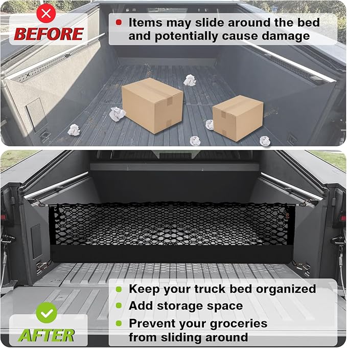 Muslogy Truck Bed Cargo Net Compatible with Tesla Cybertruck 2023 2024 2025 Accessories Storage Organizer Pickup Truck Bed Envelope Style Cargo Net with Heavy Duty Carabiners