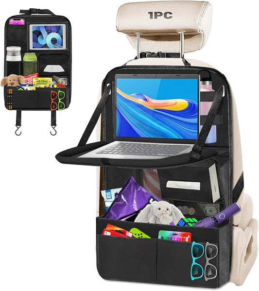 Backseat Car Organizer with Table Tray,12 Pockets Storage Organizer with Tablet Holder,Car Seat Organizer with Car Tissue Holder,Kick Mats Protector For Kids,Travel Accessories(1-Pack)