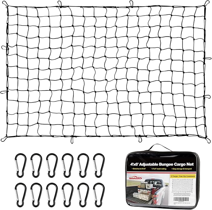 Cargo Net for Pickup Truck Bed 4'x6' (Stretches to 8'x12') - Bungee Mesh with 12 Tangle-Free Carabiners & Storage Bag, Universal Truck Bed Accessories for SUV, Trailer, Tarp Cover