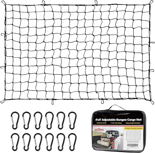 Cargo Net for Pickup Truck Bed 4'x6' (Stretches to 8'x12') - Bungee Mesh with 12 Tangle-Free Carabiners & Storage Bag, Universal Truck Bed Accessories for SUV, Trailer, Tarp Cover