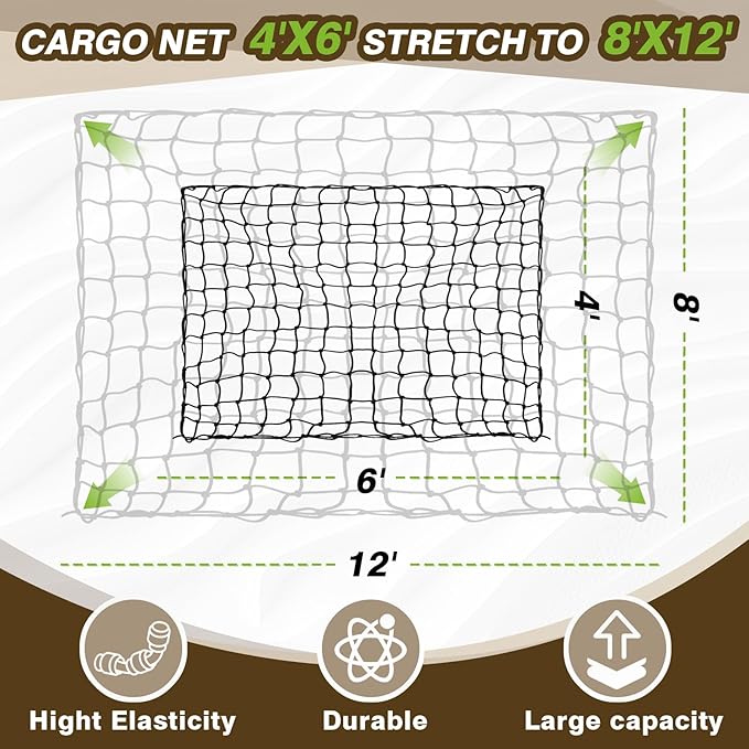 Muslogy Cargo Net Compatible with Pickup Truck Bed Organizer Divider Stretchable 4'x6' to 8'x12' High Elastic Trailer Accessories Storage Bungee Mesh with 14 Metal Carabiners (Upgraded 6mm Latex)