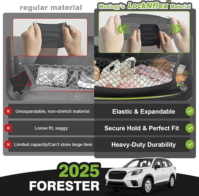 Muslogy Envelope Style Rear Trunk Mesh Cargo Net Compatible with 2025 Subaru Forester Base Premium Sport Limited Touring Accessories Stretchable Trunk Organizer Storage Luggage Net